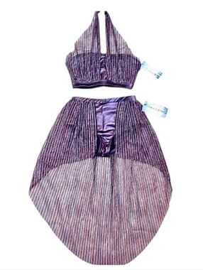 Double Platinum Dance Costume 2-PC Halter & Skirted Briefs Multi-Stripe LC NWT